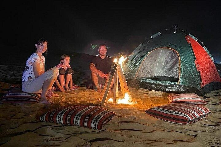 Interior view of a cozy tent provided for overnight desert camping